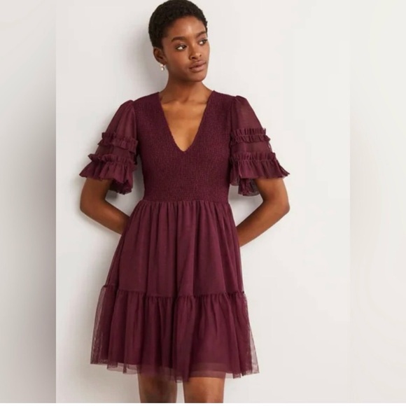 Boden Dresses & Skirts - Boden Burgundy Smocked Tulle Tiered Mini Party Dress - Size US 8R romantic party